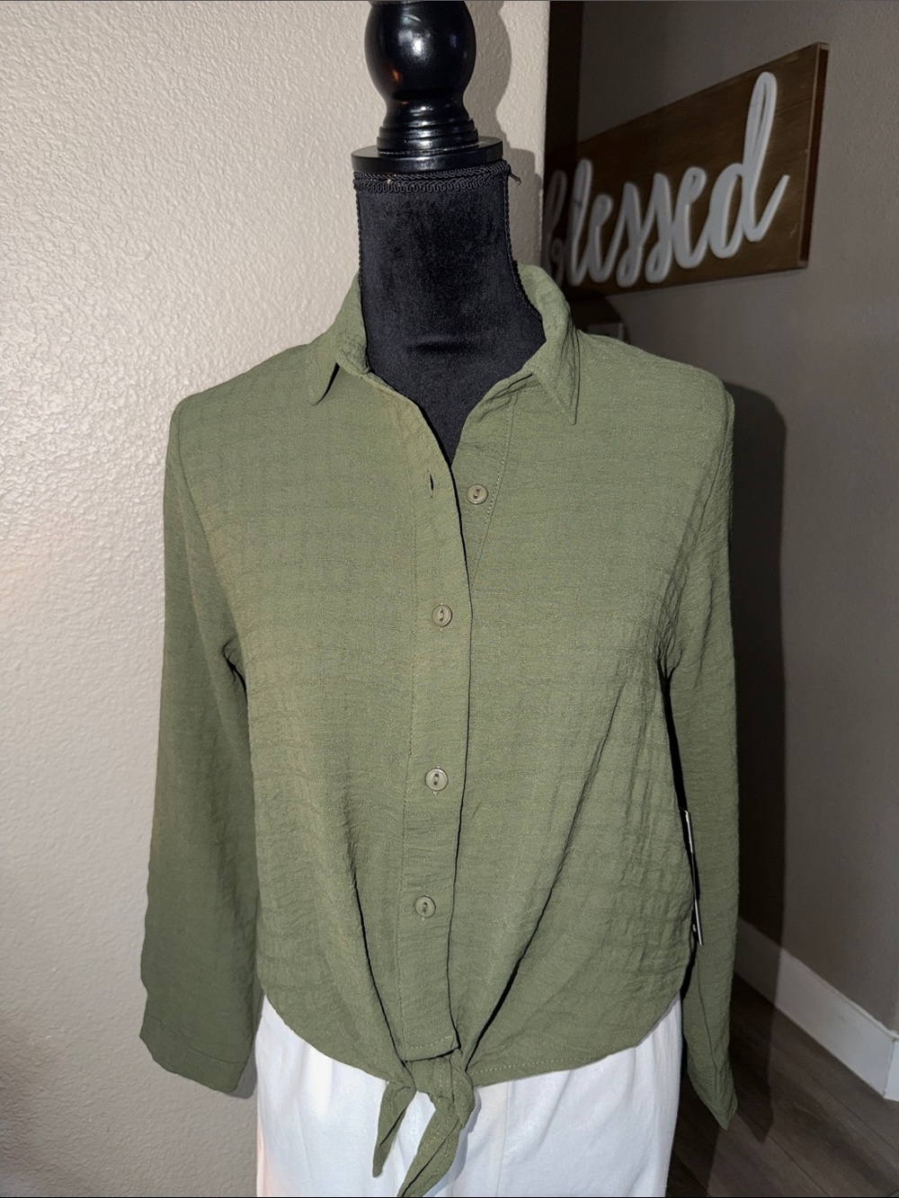 Olive Green Tie-Front Button-Up Shirt